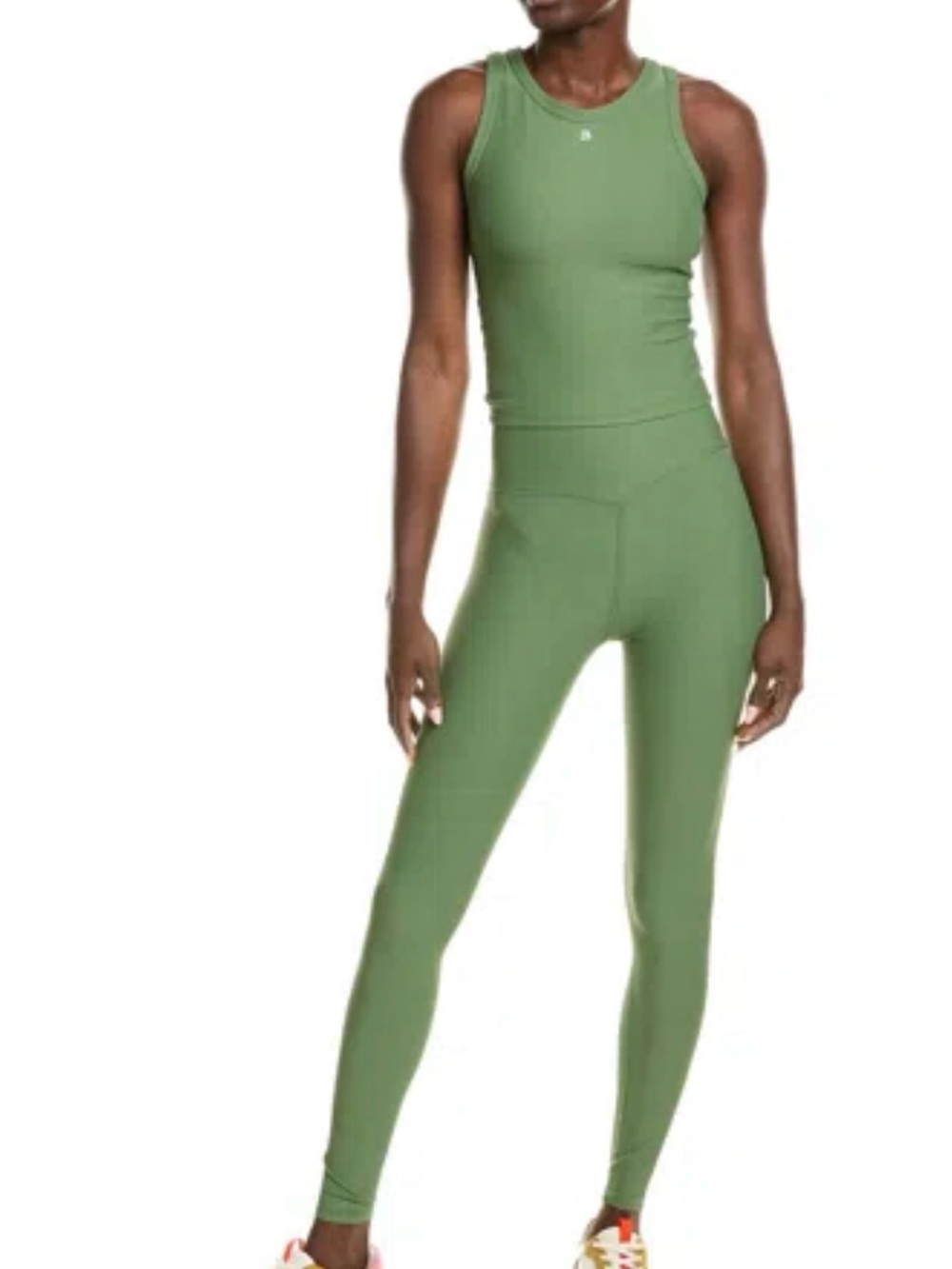 Serenette Ribbed Green 2 Piece Activewear Set Leggings Crop Tank Luxe Athleisure